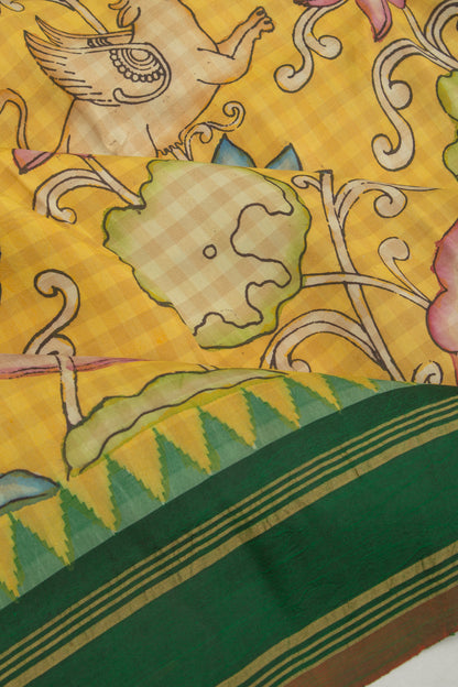 Gadwal Silk Kalamkari And Checks Yellow Saree