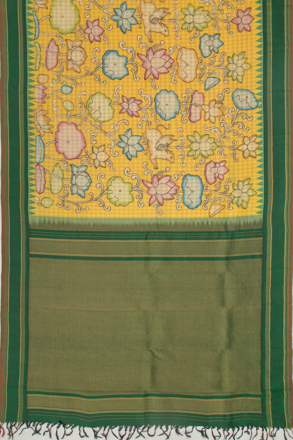 Gadwal Silk Kalamkari And Checks Yellow Saree