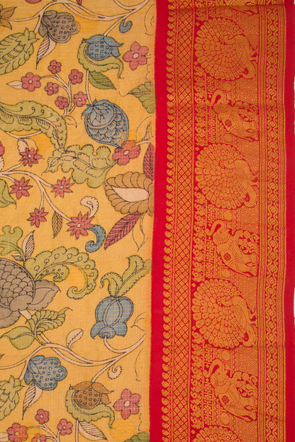 Kanchipuram Silk Kalamkari And Checks Yellow Saree