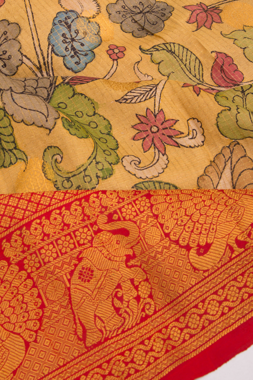 Kanchipuram Silk Kalamkari And Checks Yellow Saree
