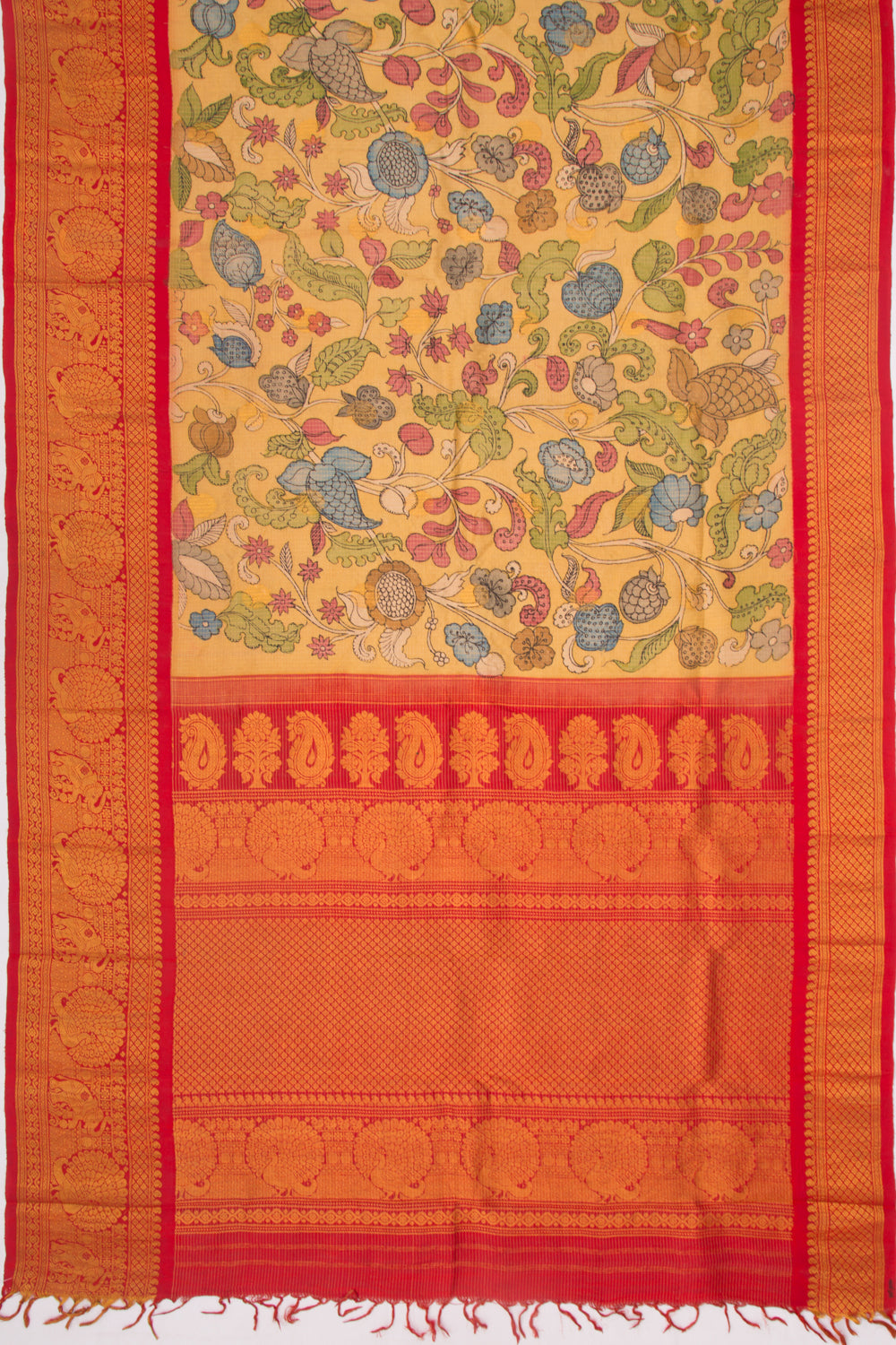 Kanchipuram Silk Kalamkari And Checks Yellow Saree