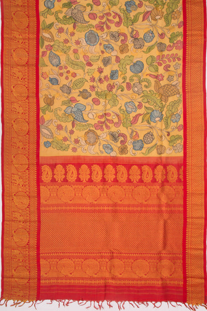 Kanchipuram Silk Kalamkari And Checks Yellow Saree