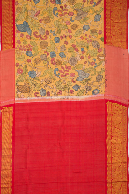 Kanchipuram Silk Kalamkari And Checks Yellow Saree