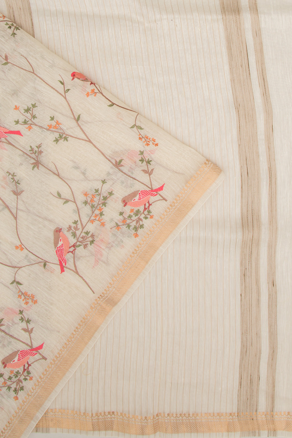 Linen Floral Embroidery Cream Saree