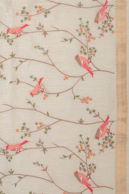Linen Floral Embroidery Cream Saree