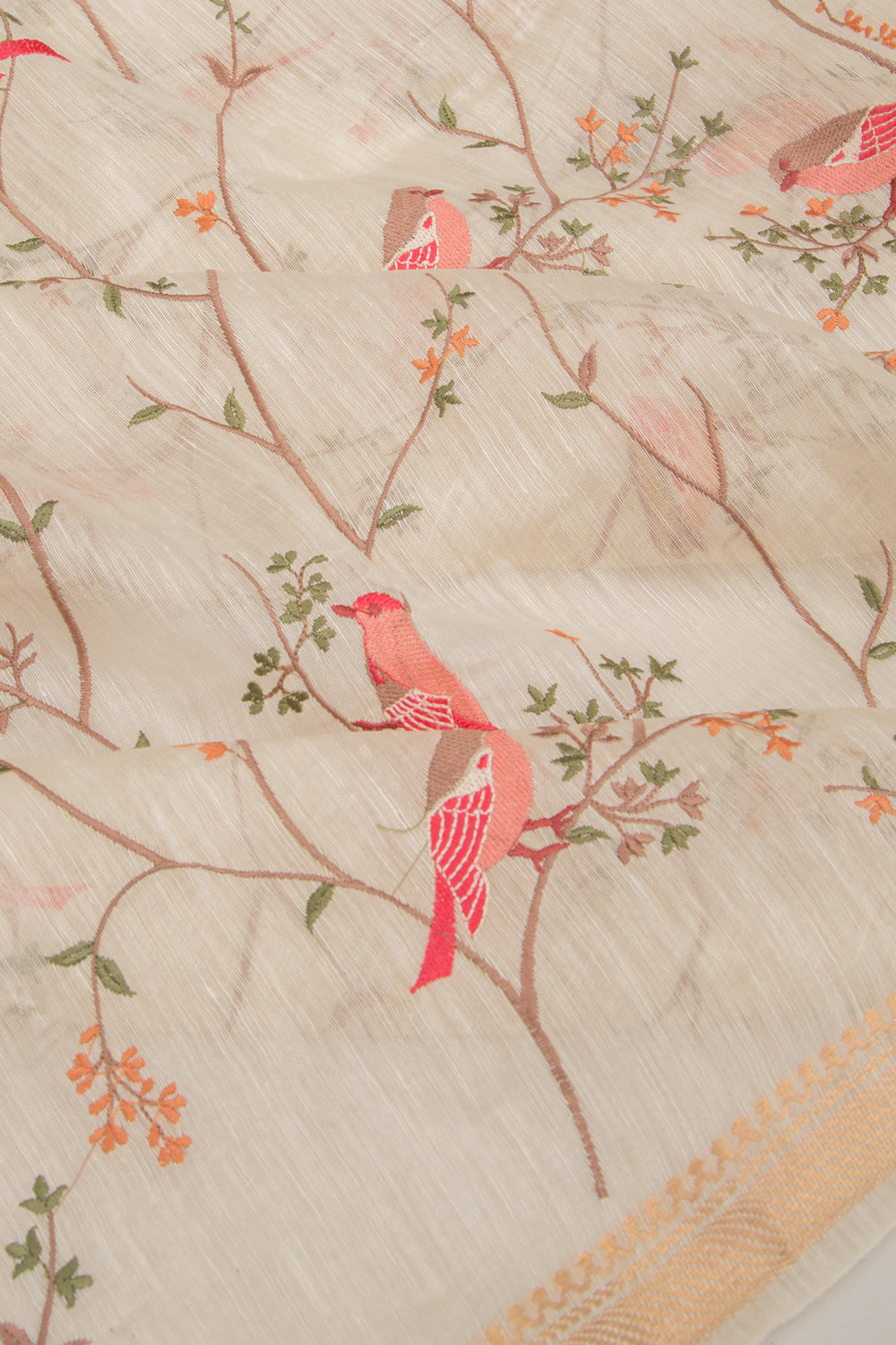 Linen Floral Embroidery Cream Saree