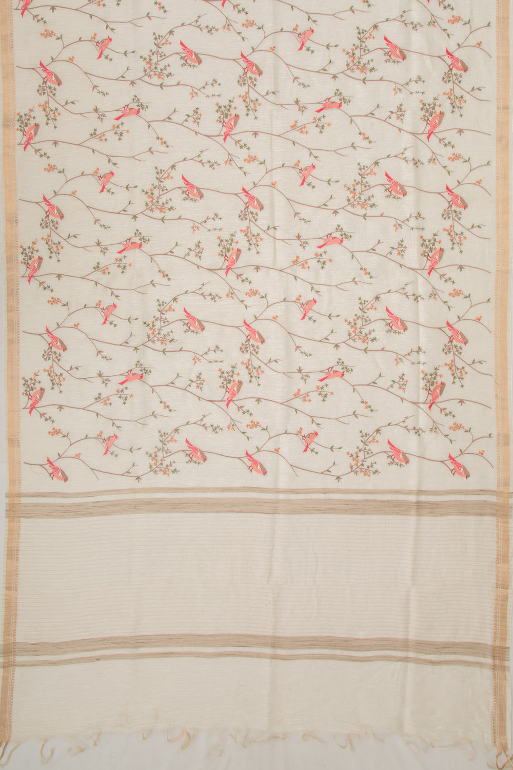 Linen Floral Embroidery Cream Saree