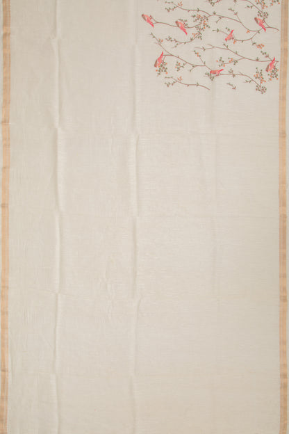 Linen Floral Embroidery Cream Saree