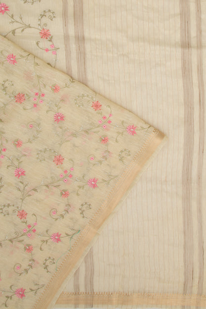 Linen Floral Embroidery Pastel Yellow Saree