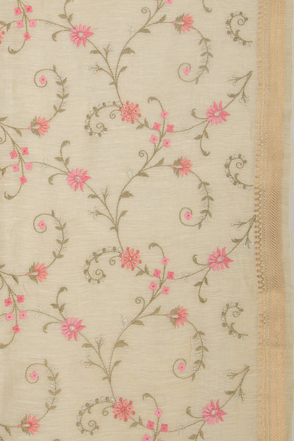 Linen Floral Embroidery Pastel Yellow Saree
