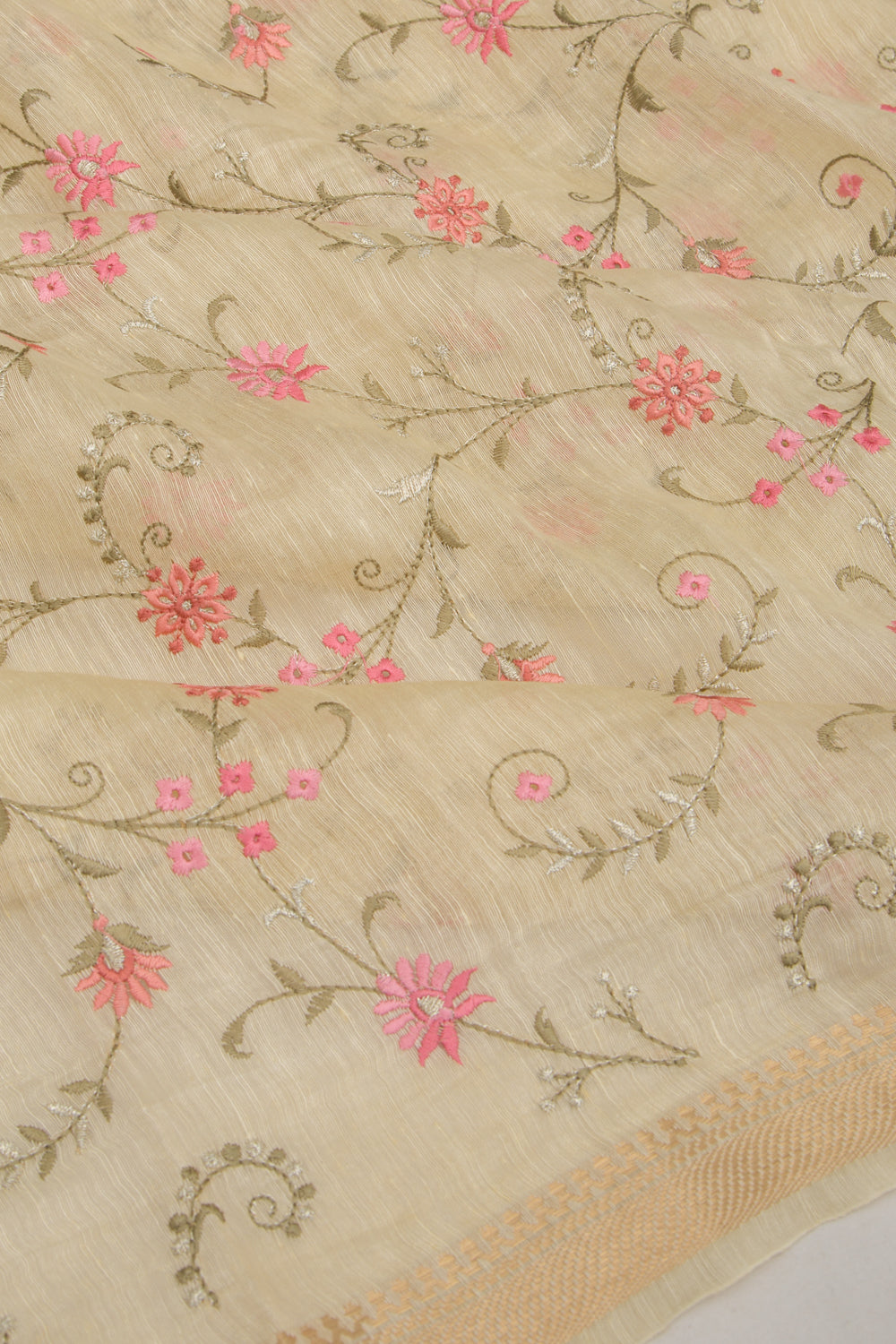 Linen Floral Embroidery Pastel Yellow Saree
