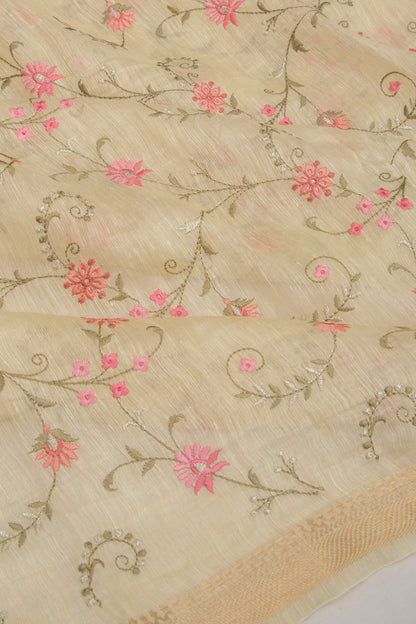 Linen Floral Embroidery Pastel Yellow Saree