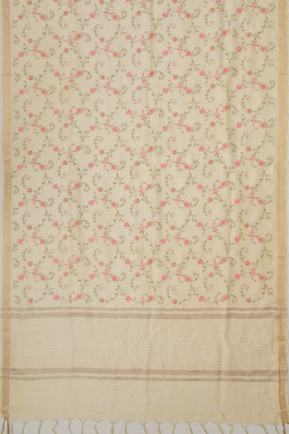 Linen Floral Embroidery Pastel Yellow Saree