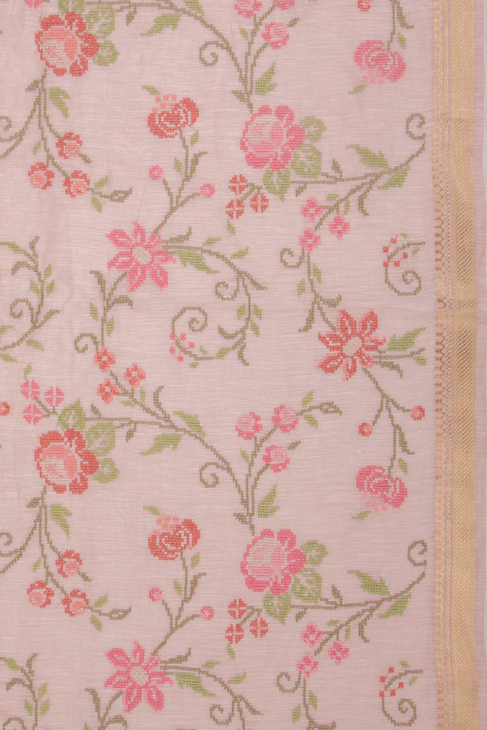 Linen Floral Embroidery Pink Saree