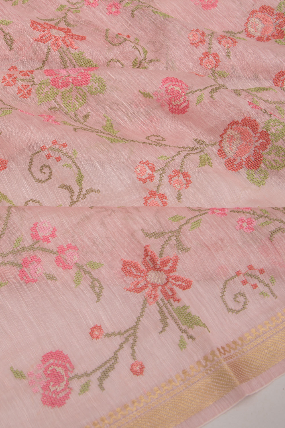 Linen Floral Embroidery Pink Saree