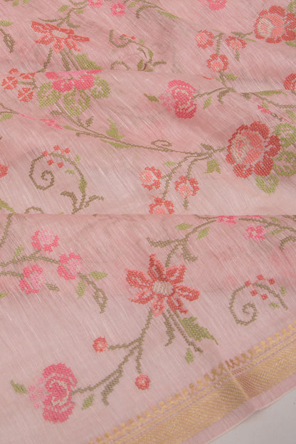 Linen Floral Embroidery Pink Saree