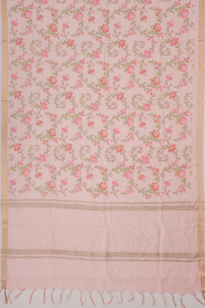 Linen Floral Embroidery Pink Saree