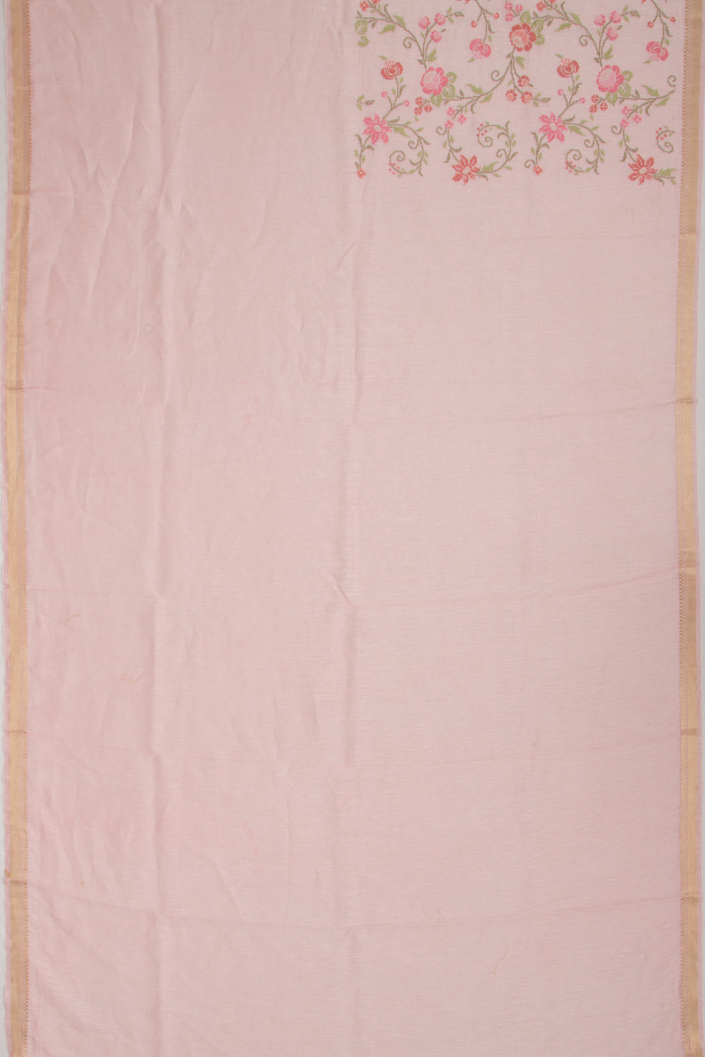 Linen Floral Embroidery Pink Saree