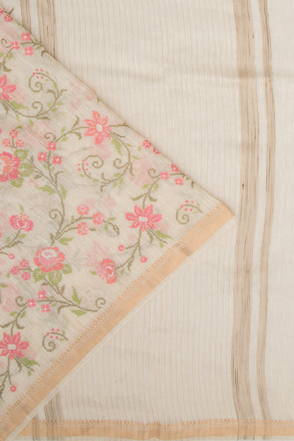 Linen Floral Embroidery Cream Saree