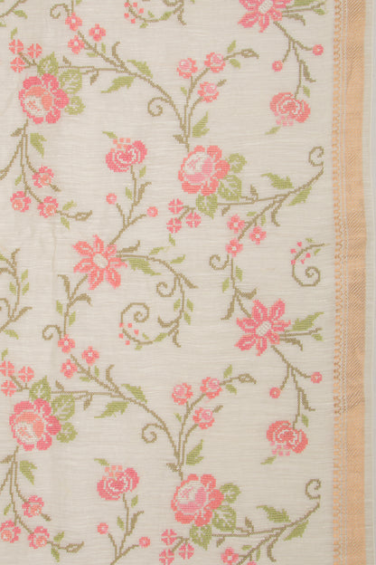 Linen Floral Embroidery Cream Saree