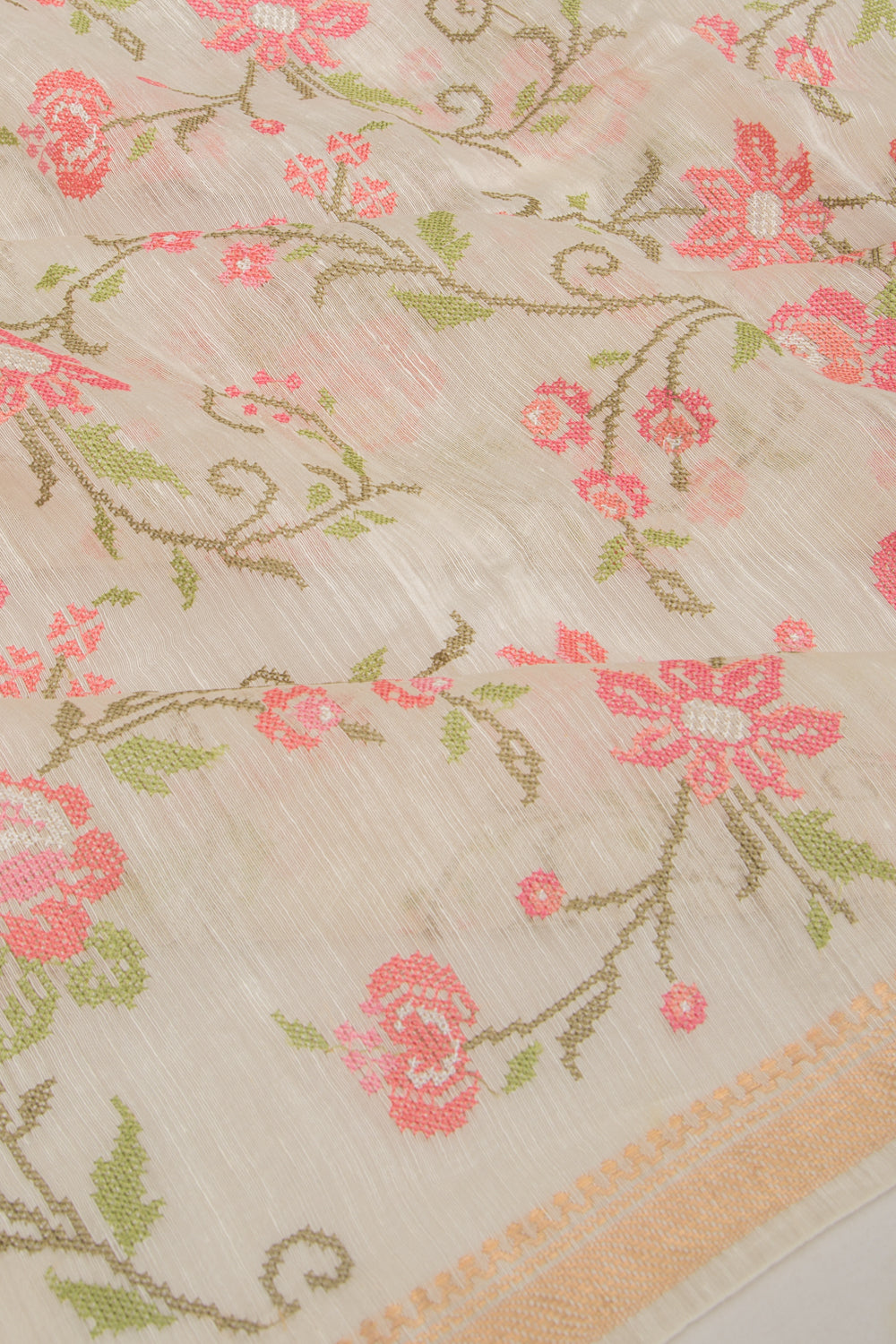 Linen Floral Embroidery Cream Saree