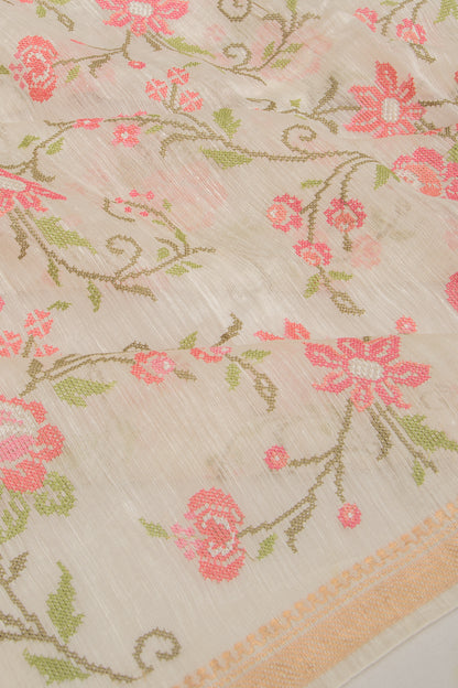 Linen Floral Embroidery Cream Saree