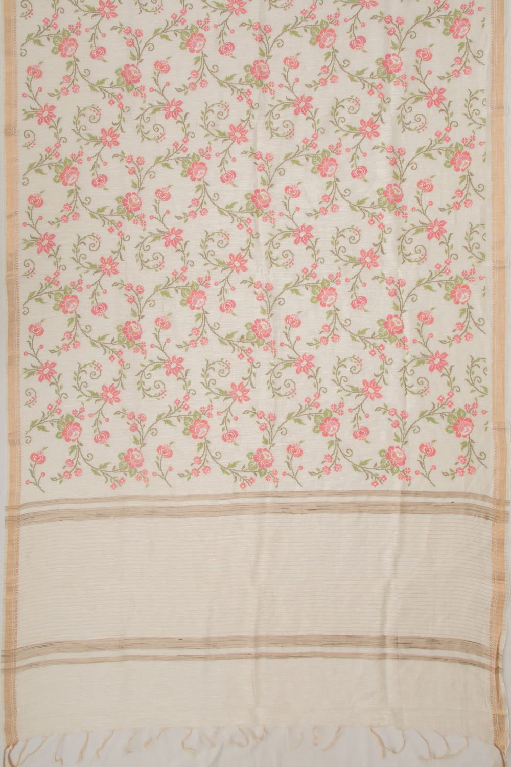 Linen Floral Embroidery Cream Saree