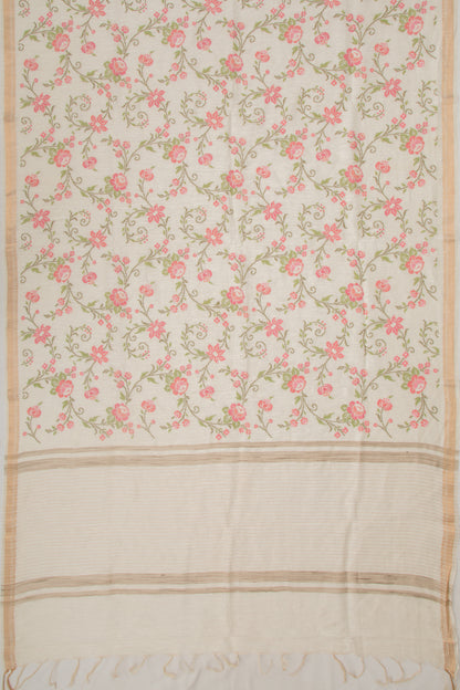 Linen Floral Embroidery Cream Saree