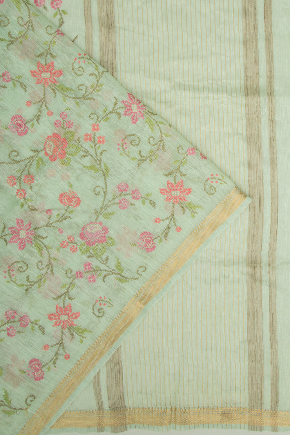 Linen Floral Embroidery Pastel Green Saree