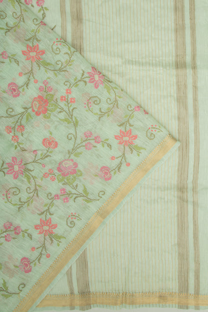 Linen Floral Embroidery Pastel Green Saree