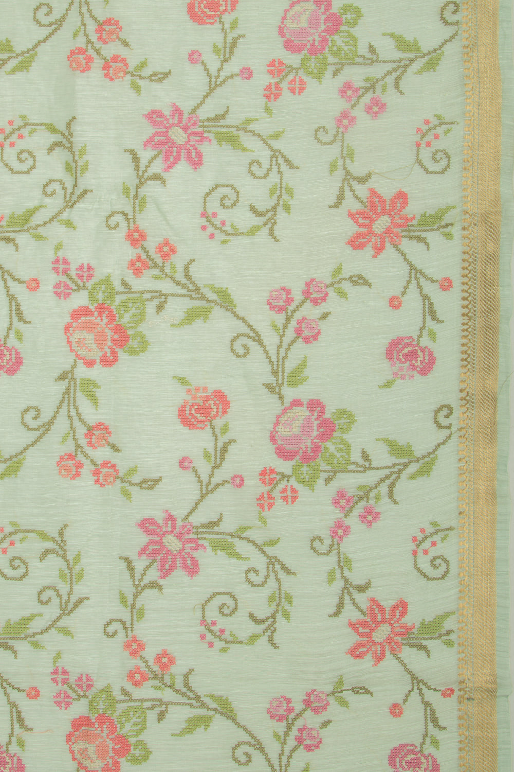 Linen Floral Embroidery Pastel Green Saree