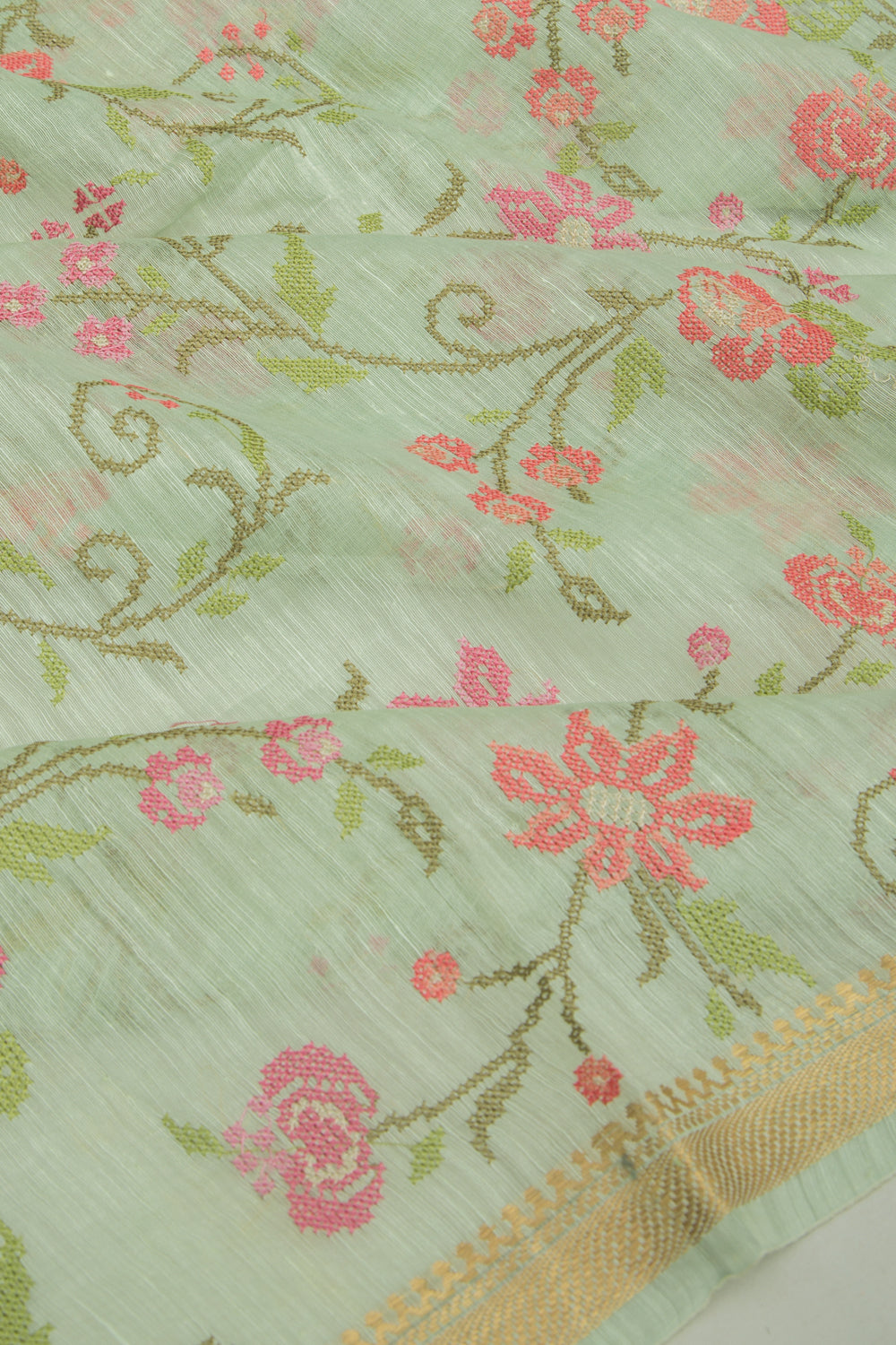 Linen Floral Embroidery Pastel Green Saree