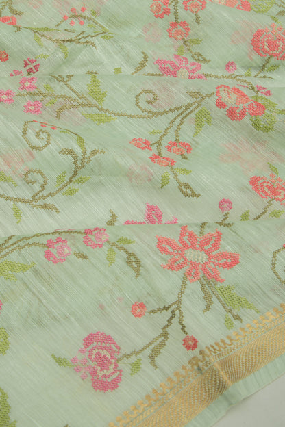 Linen Floral Embroidery Pastel Green Saree