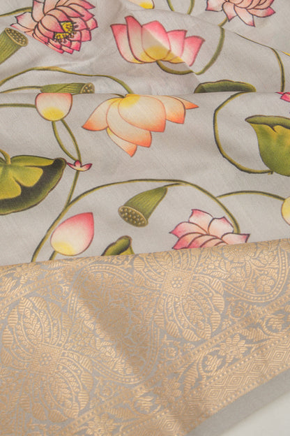 Chanderi Silk Floral Printed Grey Saree