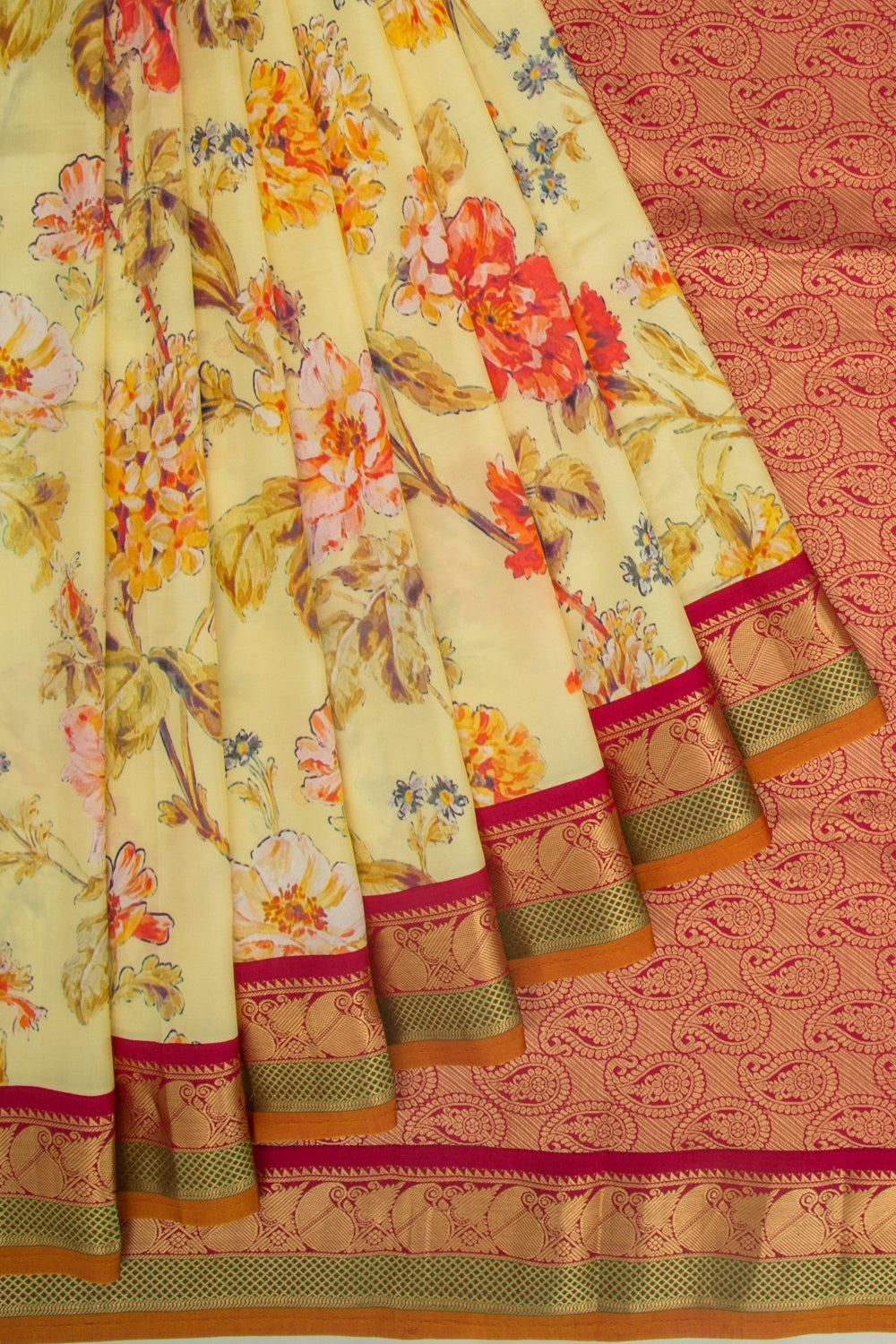 Kanchipuram Silk Floral Printed Yellow Saree