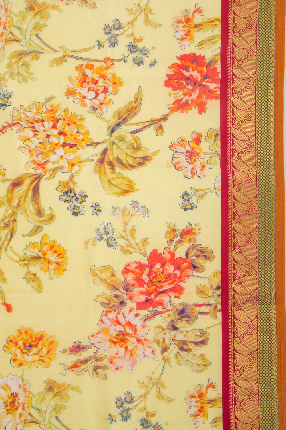 Kanchipuram Silk Floral Printed Yellow Saree