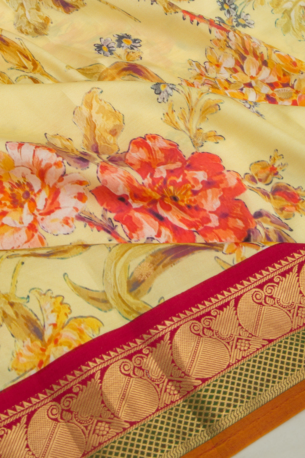 Kanchipuram Silk Floral Printed Yellow Saree