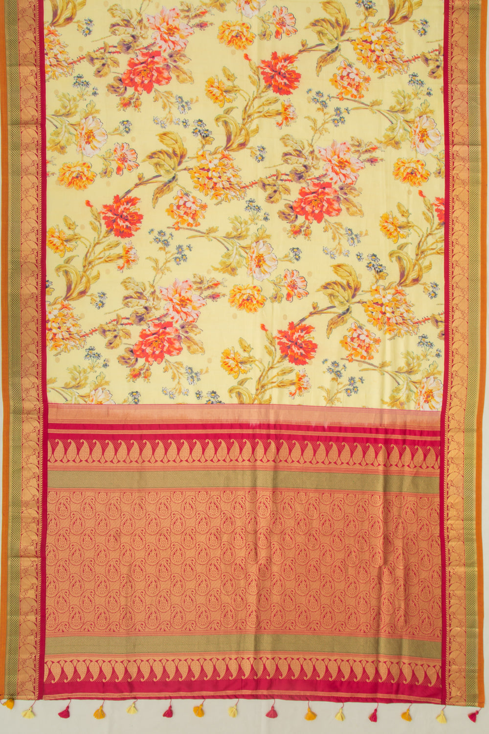Kanchipuram Silk Floral Printed Yellow Saree