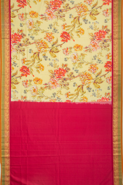 Kanchipuram Silk Floral Printed Yellow Saree