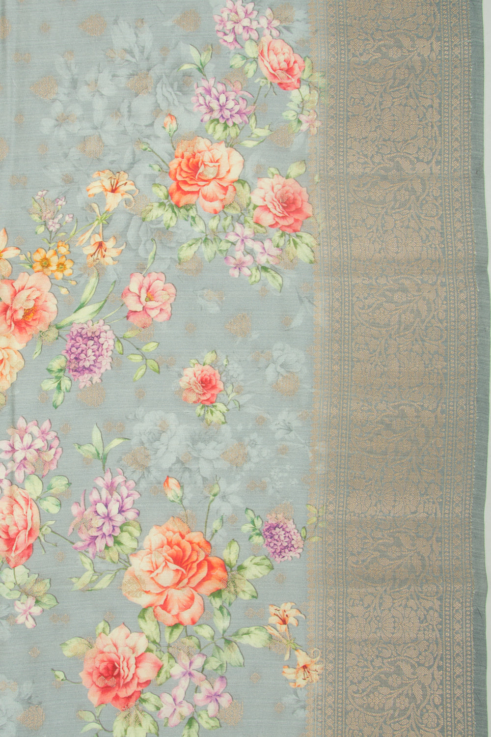 Chanderi Soft Silk Floral Printed And Butta Grey Saree