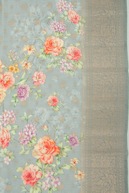 Chanderi Soft Silk Floral Printed And Butta Grey Saree