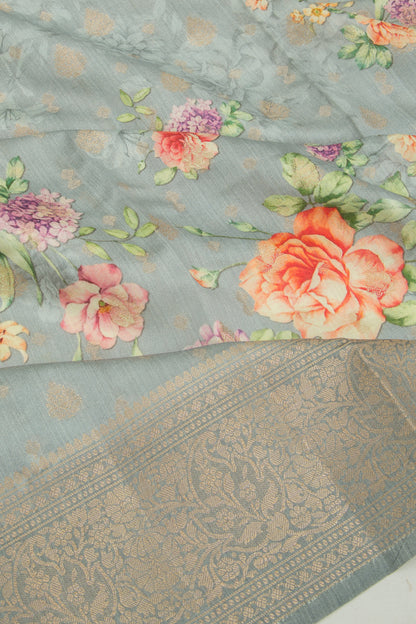 Chanderi Soft Silk Floral Printed And Butta Grey Saree