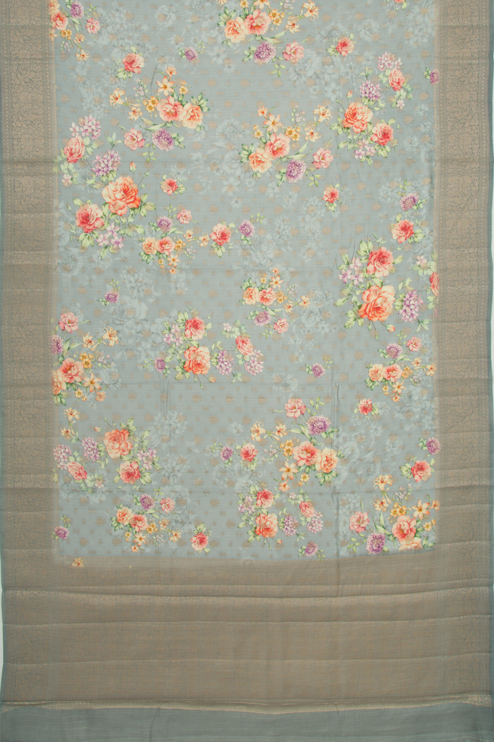 Chanderi Soft Silk Floral Printed And Butta Grey Saree