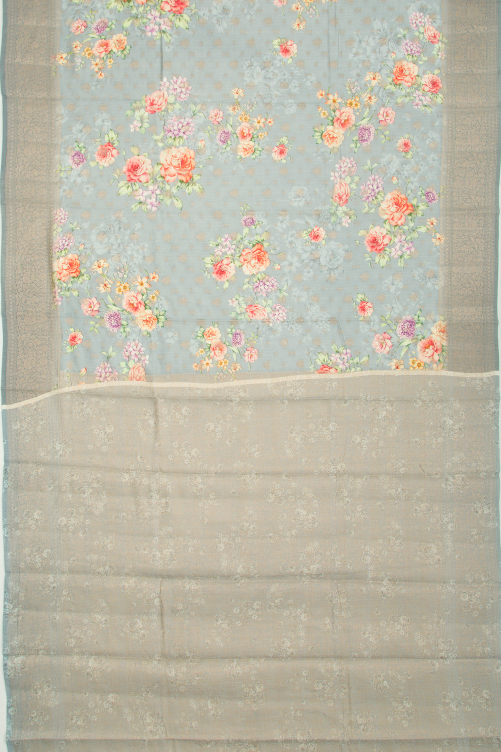 Chanderi Soft Silk Floral Printed And Butta Grey Saree