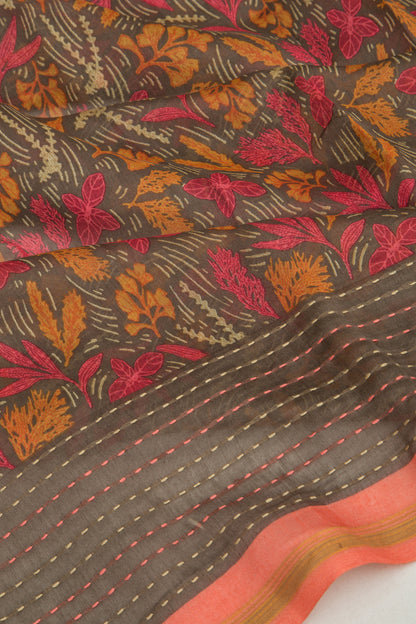 Chanderi Silk Floral Printed Brown Saree