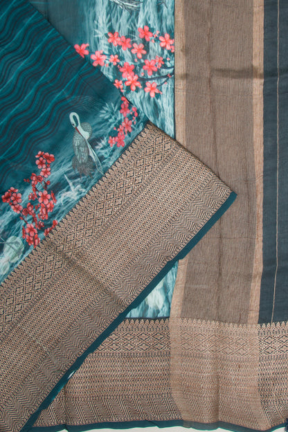 Chanderi Soft Silk Printed Jade Blue Saree