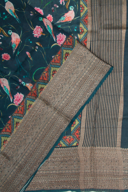 Chanderi Soft Silk Printed Teal Blue Saree