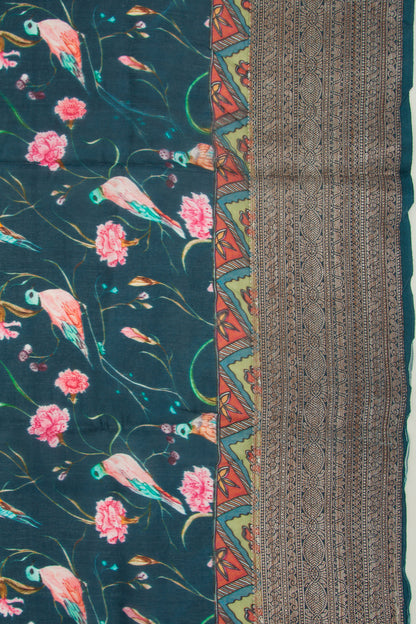 Chanderi Soft Silk Printed Teal Blue Saree