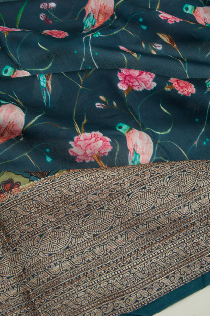 Chanderi Soft Silk Printed Teal Blue Saree