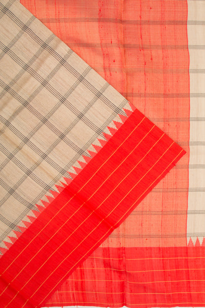 Tussar Plain Checks Beige Saree